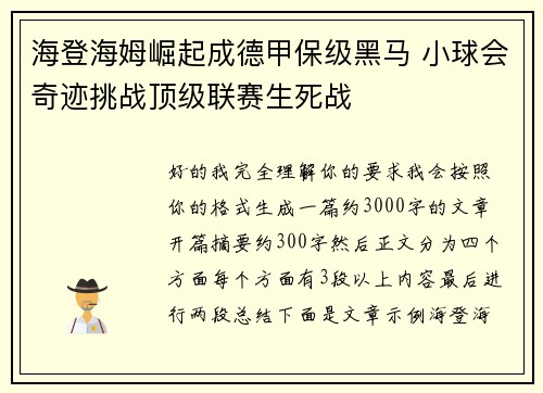 海登海姆崛起成德甲保级黑马 小球会奇迹挑战顶级联赛生死战
