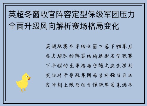 英超冬窗收官阵容定型保级军团压力全面升级风向解析赛场格局变化